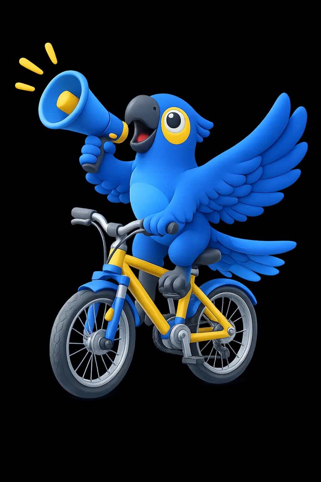 Mascote da Arazul pedalando uma bicicleta com megafone
