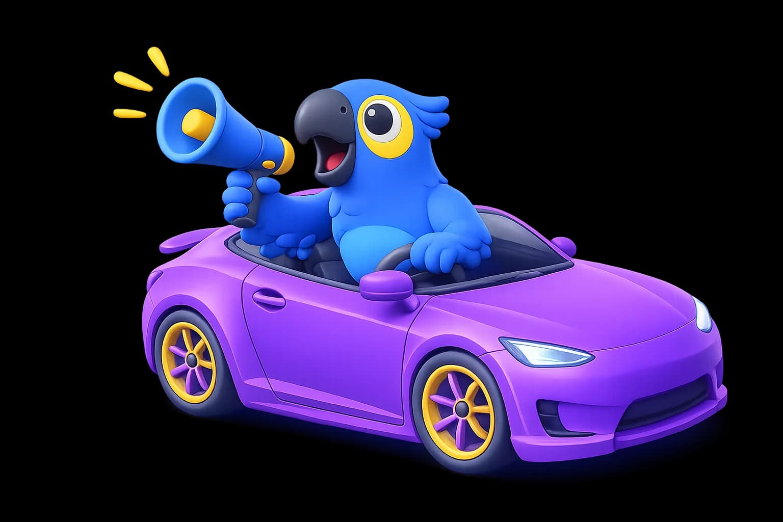 Mascote da Arazul dirigindo um carro conversível com megafone