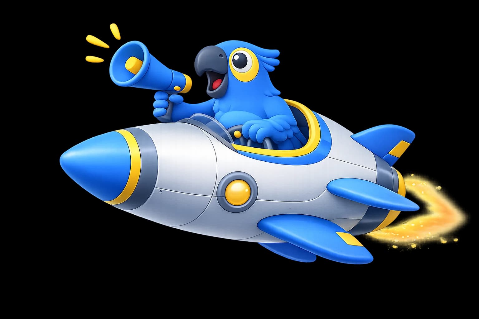 Mascote da Arazul pilotando um foguete com megafone