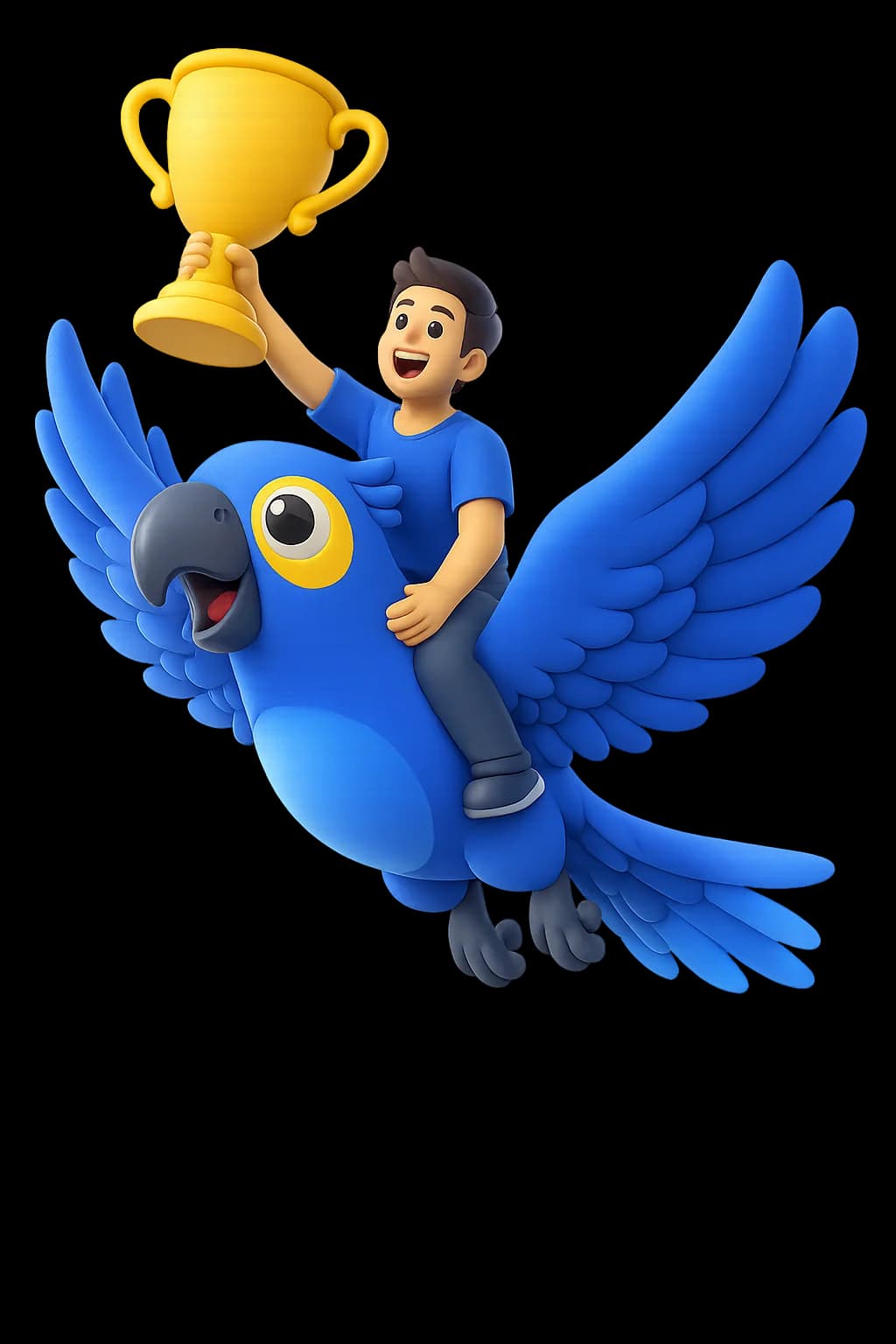 Mascote da Arazul voando com um troféu, simbolizando o objetivo alcançado